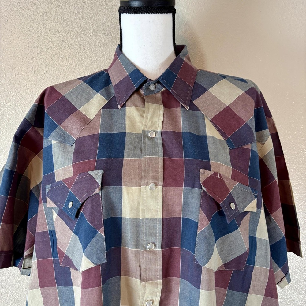 Ely Plains Western Shirt Plaid Short Sleeve Pearl Snap Front Mens XL Muted Tones - Picture 4 of 10